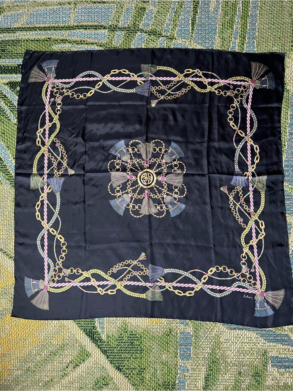 Echo Silk Large Black Chain & Tassel Print Scarf